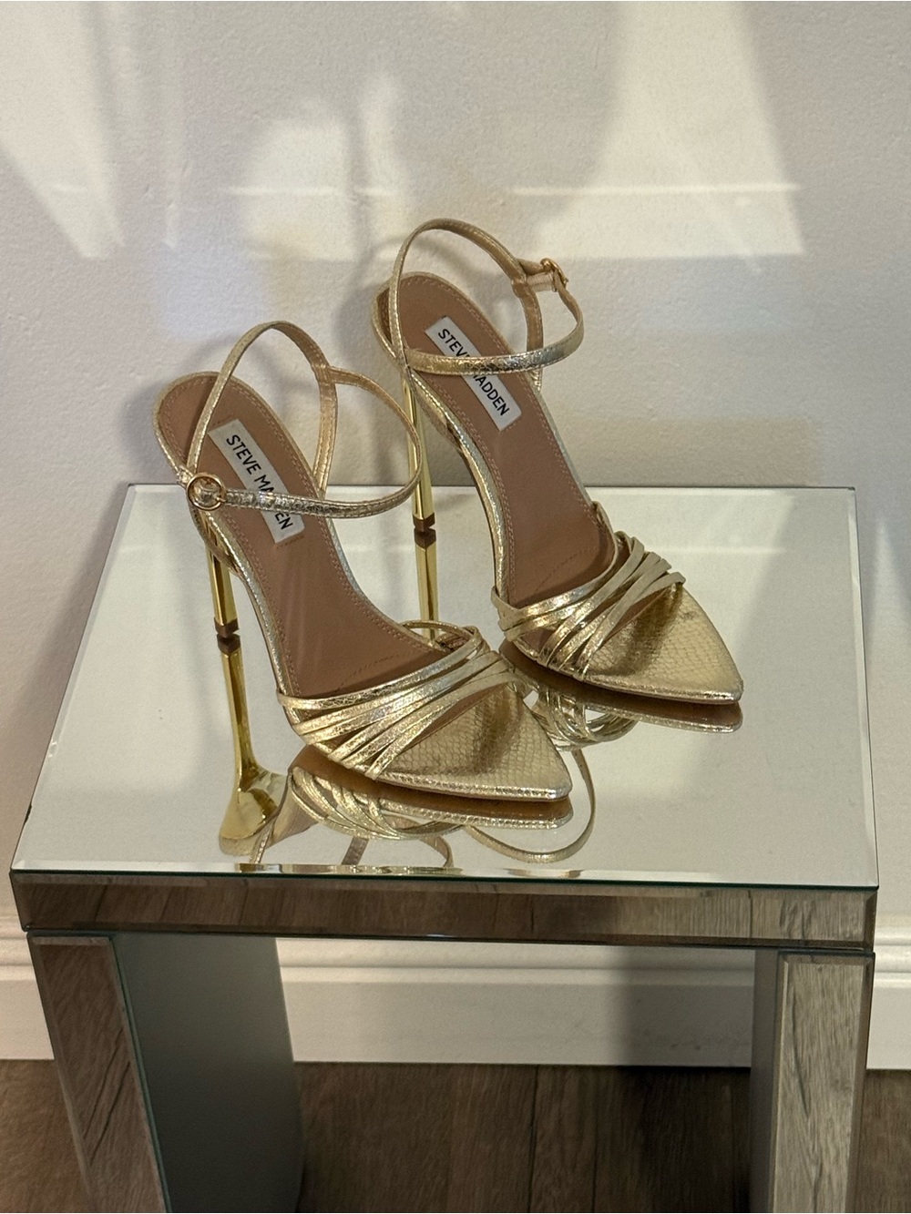 Steve Madden Metallic Gold Strappy Pointed-Toe Stiletto Heels